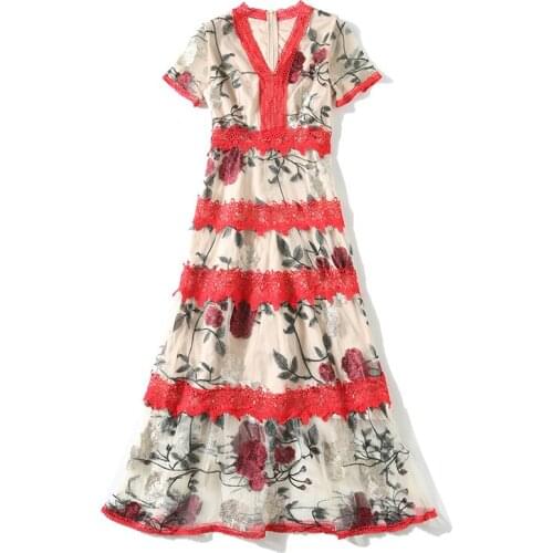 Summer Women V Neck Short-Sleeved Slimming Thin Elegant Party Long Dress High Quality Lace Embroidered Hook-up Flower Mesh 6659