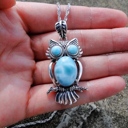 High Quality 925 Sterling Silver Natural Dominica Larimar Owl Pendant Necklace For Women Gift