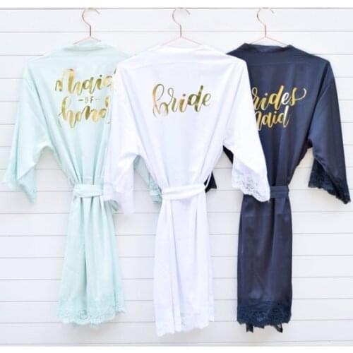 Personalize gold bride wedding Bridesmaid bridal Lingerie satin lace pajamas robes Bachelorette kimonos gowns gifts partyfavors
