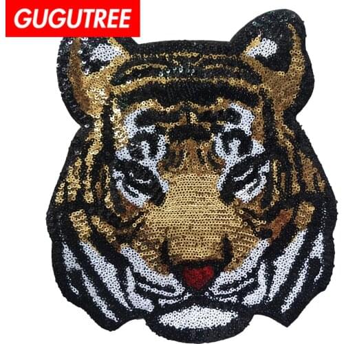 GUGUTREE sequined embroidery big tiger patch cartoon patches badges applique patches for clothing JW-160