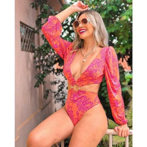 One Piece Swimsuit 2021 Sexy Hollow Out Swimwear Women Swimsuit Long Sleeve Bathing Suit Beachwear Print Monokini Swim