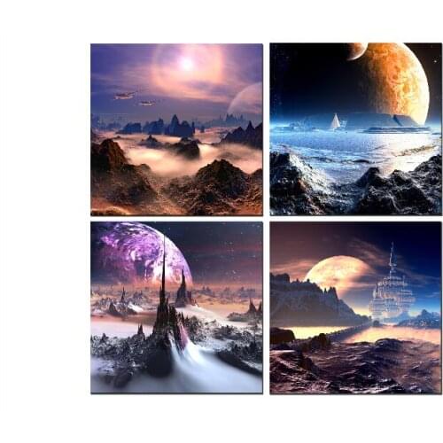 4 panels Giclee Canvas Artwork Prints galaxy Sky wall art Landscape Paintings Cuadros Decoration Room Wall Paintings Frames