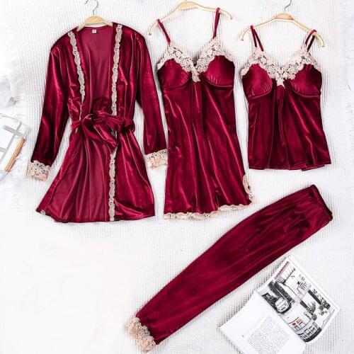 Red Womens 4PC Strap Top Pants Suit Pajamas Sleepwear Sets Spring velvet Home Wear Nightwear Kimono Robe Bath Gown Bathrobe