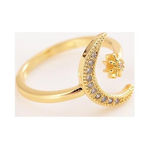Fashion Romantic Rings Minimalist CZ Moon Star Opening 18 K KT Fine Solid Gold Filled Ring Charming Women Party Jewelry Cute