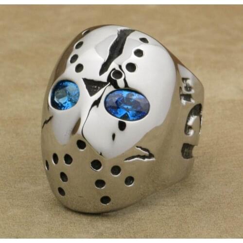 LINSION 316L Stainless Steel Halloween Jason Hockey CZ Eyes Mens Biker Rocker Punk Ring 3FX01