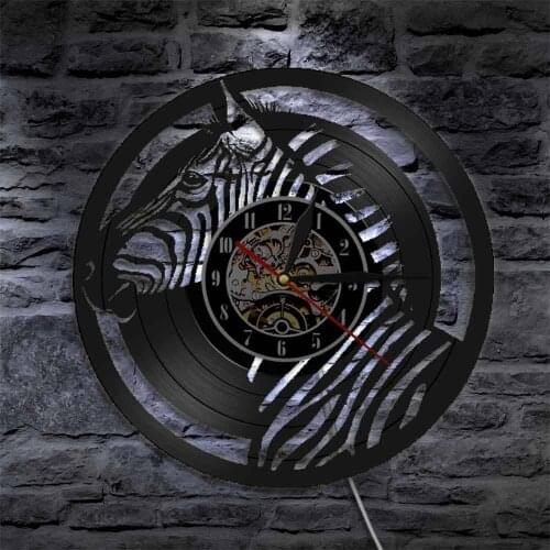 Zebra Head Led Wall Light African Wildlife Animals Wall Clock Safari Wall Decor Zebra Silhouette Vinyl CD Disc Record Wall Clock