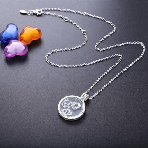 Original 925 Sterling Silver Floating Locket fashion Necklace With Clear Cubic Zirconia Glass For Women Gift DIY Jewelry