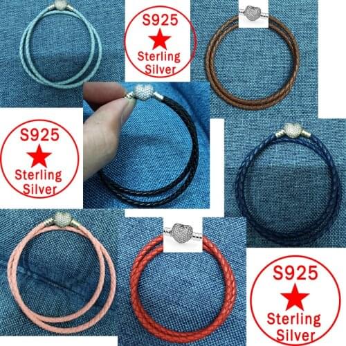 S925 sterling silver Leather Rope S925 Fit Original Pandora Bracelet Jewelry Fashion Womens Gif Heart clasp Black red Blue