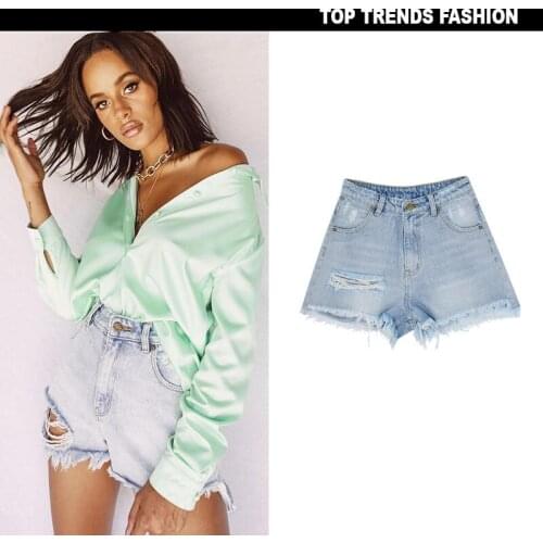 BBK Shorts Pants Basic With Hole High Waist Tasse Short Jeans A-Line Sexy Ladies Hot Baggy Slim Zaw Women Casual Fashion 100 Cot