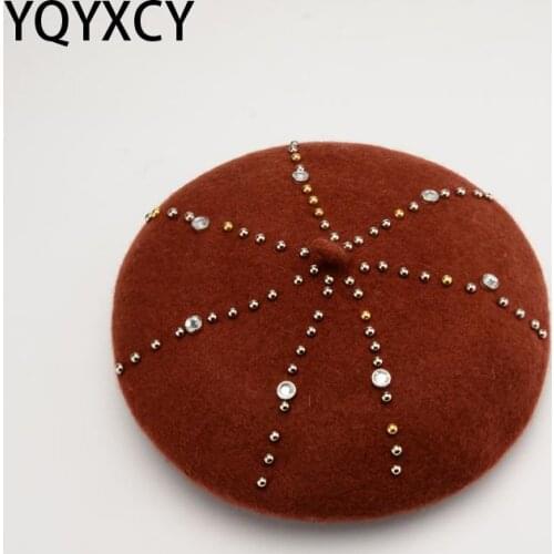 YQYXCY Hat Women Winter Wool Beret Autumn Winter Woolen Elegant Full Rhinestone Warm Womens Hats Beret Cap Gorras Ladies Hat