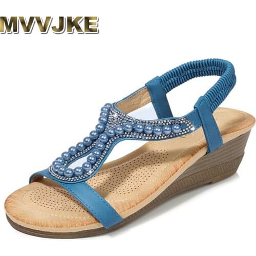 MVVJKE 36-42Large Size Sandals Summer Women Wedge Heel Sandals Diamond Beads Fashion Sandals Women Simple Casual Wild Shoes For