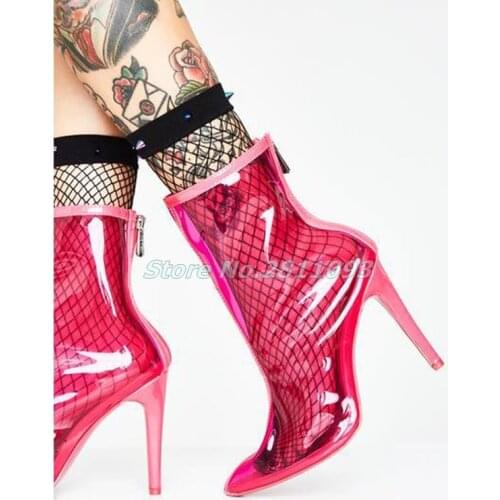Transparent PVC Women Shoes Thin High Heel Back Zipper Pointed Toe Runway Ladies Ankle Boots Solid Red Blue Manufacturer Boots