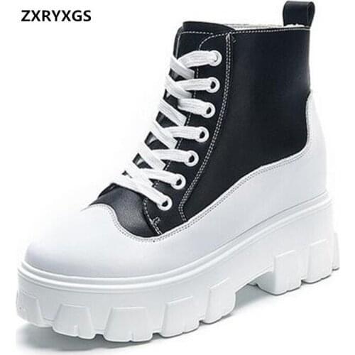 ZXRYXGS Spell Colors Internal Increase Platform Shoes High Heels Martin Boots 2021 New Lace-up Genuine Leather Boots Women Boots