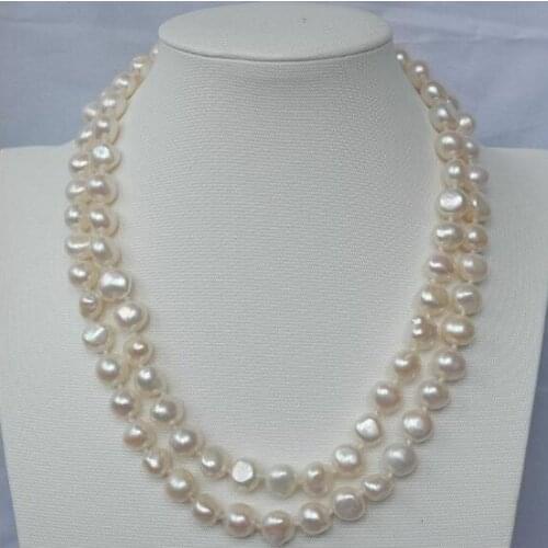 9mm white baroque real flat pearl 2 strands necklace natural Freshwater PEARL Women Jewelry 35cm 43cm 15'' 17
