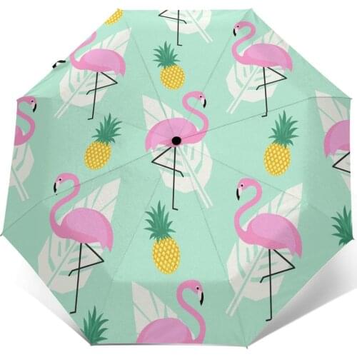Automatic Umbrella Rain Women Three-folding Umbrella Tropical Pink Flamingos Pineapples And Palm Leave Windproof Umbrella