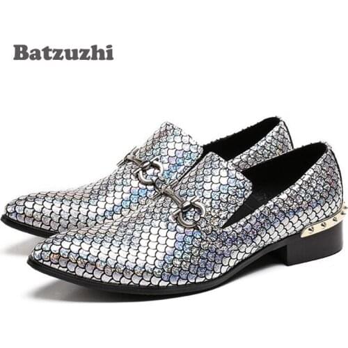 Batzuzhi Italian Men Dress Shoes Genuine Leather Luxury Wedding Business Male Shoes Pointed Toe Formal Shoes Shinny Sliver Shoes