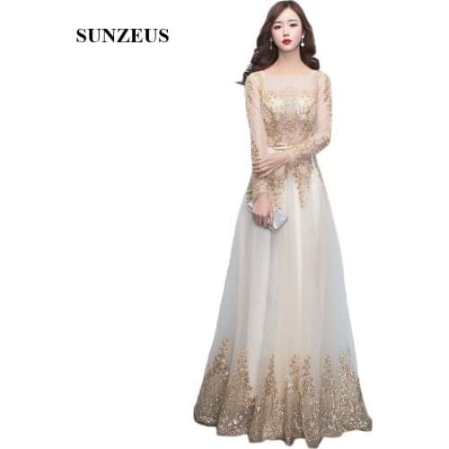 Champagne Tulle A-Line Evening Dresses Long Scoop Gold Appliques Pearls Sequins Shiny Long Sleeve Evening Gowns with Belts SE30