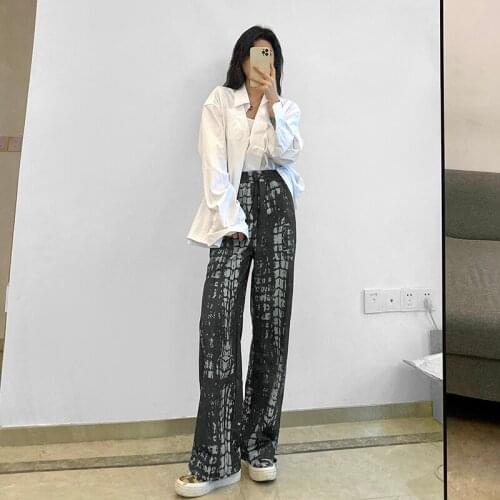 Vintage Tie Dye Printed Pants Women Loose Casual High Waist Straight Wide Leg Trousers Streetwear Women