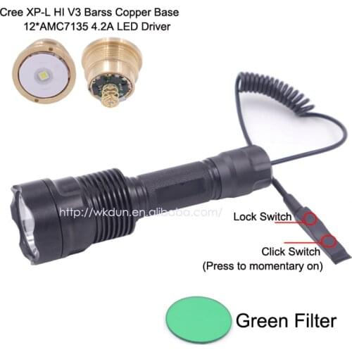 C12 CREE XP-L HI V3 LED on Copper Star Base and Copper Drop-in 12*7135 Driver Flashlight +Dual Mode Remote Switch+Green Filter