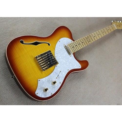 Sunset Color Body Electric Guitar with Tiger Maple Pattern,One f Hole,White Pearl Pickguard,Gold Hardwares,Offer Customized