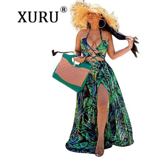 XURU Hot Selling Digital Printed Dress 2021 Summer New Womens Hanging Neck Long Dress with European and American Sexy Dress