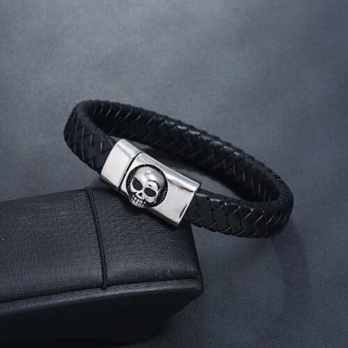 Quality Stainless Steel Leather Weave Bracelet for Men Retro Titanium Steel Hasp Skull Bracelets Fashion Wrist Jewelry Bangles