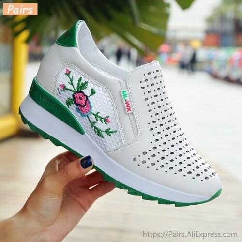 Casual High Heels Loafers Breathable Vulcanize Women Sneakers PU Round Toe Embroider Platform Wedge Tenis Feminino