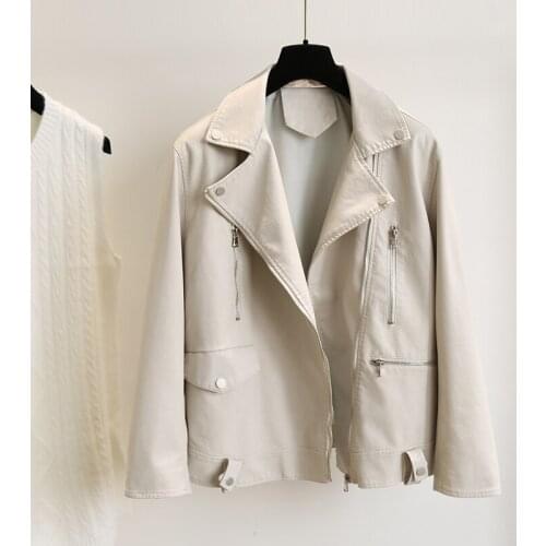 Spring Autumn Zipper BF Pocket Loose Design Turn-Down Collar MotoBike Women Lady Pu Leather Jacket