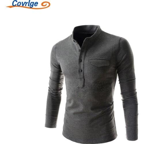 Covrlge Mens T-shirt Spring Autumn Solid Color Vertical Open Placket Stand-up Collar Gentlemans Bottoming POLOShirt MTP162