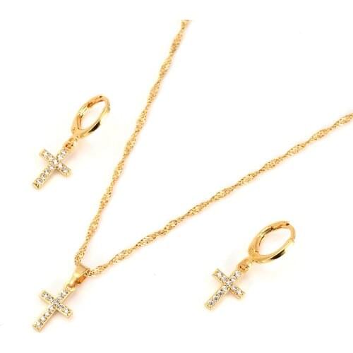 New african Jewelry Sets gold crystal Cross white zircon Pendant Necklace For Women Chain girls kids party Wedding Jewelry gift