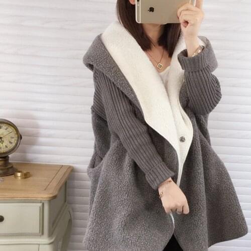 Plus Size LambWool Coat Female Ukraine Hooded Knitted Sleeve Patchwork Warm Autumn Jacket Women Winter Tops Parka Feminina A555