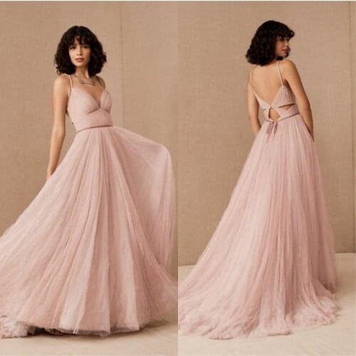 Blush Pink Wedding Dresses A Line Spaghetti Tulle Sexy Backless Boho Bridal Gowns Beach Custom Made Robe De Mariée