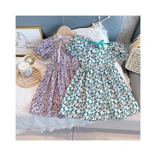 2021 Hot Sale New Summer Kids Girl Dress Green Sling Floral Refreshing Short Sleeve Button Sundress for 2-6 Years Children