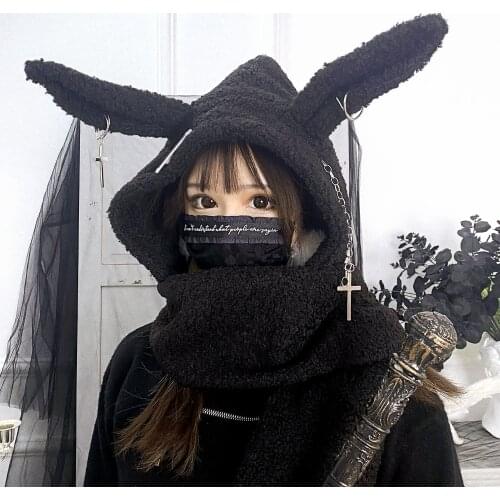 Ruibbit Hot Girl Punk Japanese Rabbit Ear Cap Chain Cross Headdress Scarf Plush Hooded Hat Winter Warm Windproof Scarf Woman