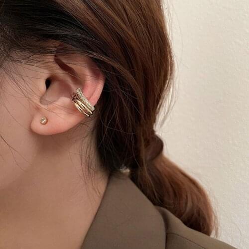 Chic Gold Three Layers Circle Clip on Earrings Fake Piercing Earcuff Crystal Earclips Korean Fashion Girls Ear Cuff Accessories