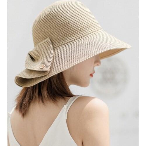 New Foldable Wide Brim Sun Hat Beach Women Summer Caps Ribbon Round Flat Top fedora Hats UV Protect Travel Cap Lady Caps