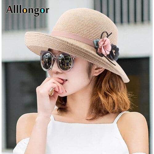 High Quality Straw Hat Women 2021 Summer Ladies Beach Sun Hats Flower UV Protection Foldable Cap Travel Holiday Panama Sunhat