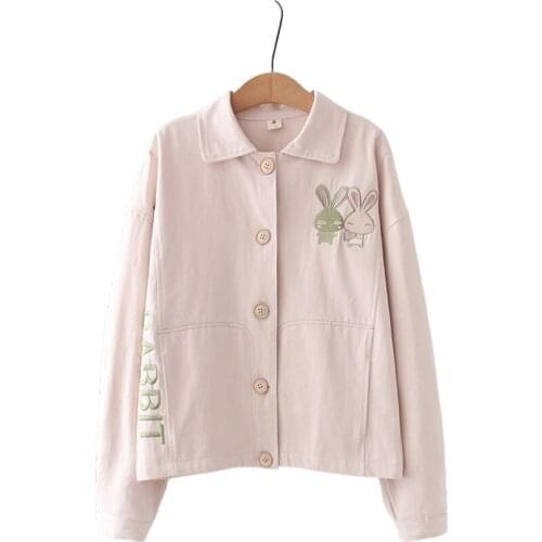 Women Single-breasted Jackets Cartoon Rabbit Embroidery Back Lace Up Jacket 2021 Autumn Korean Ladies Basic Outerwear Coats