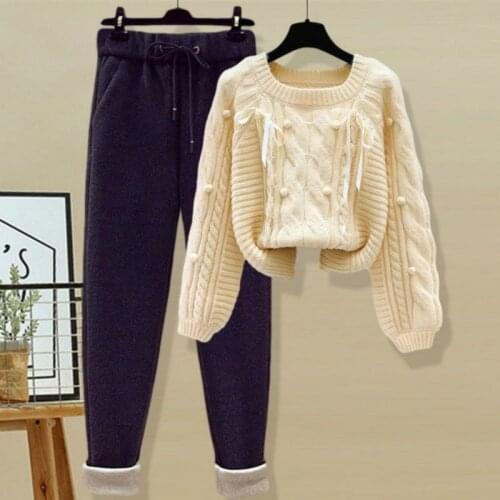 2021 Women Autumn Winter Vintage 2 Piece Set Female O-neck Beading Sweater + Woolen Straight Pant Set Lady Casual Slim Suit PJ47