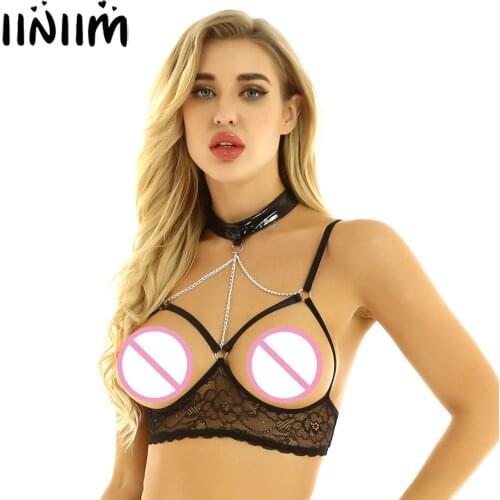 Iiniim Womens Ladies See Through Sissy Femme Sheer Lace Lingerie Exotic Tanks Spaghetti Straps Open Cup Bras Wire-free Crop Top