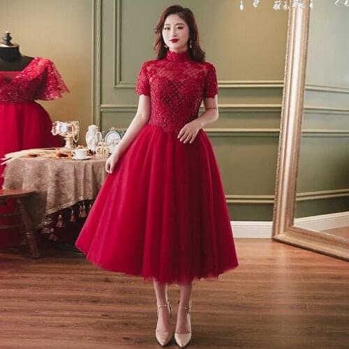 High Neck Short Sleeves Evening Dress Backless Embroidery Burgundy Tea-Length A-Line Elegant Plus Size Women Formal Gowns D882
