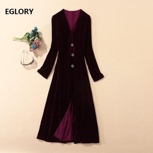 Velvet Dress 2020 Autumn Winter Celebrity Style Women V-Neck Beading Buttons Deco Long Sleeve Wine Red Black Long Cardigan Dress