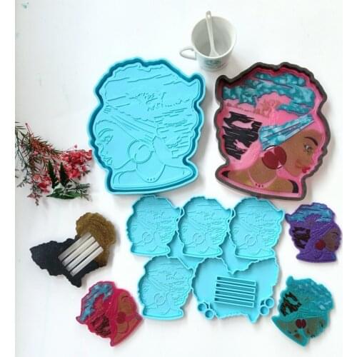 Large Tray African Goddess Head Mirror Silicone Mold For DIY Crystal Epoxy Resin Coasters Home Decoration Handmade