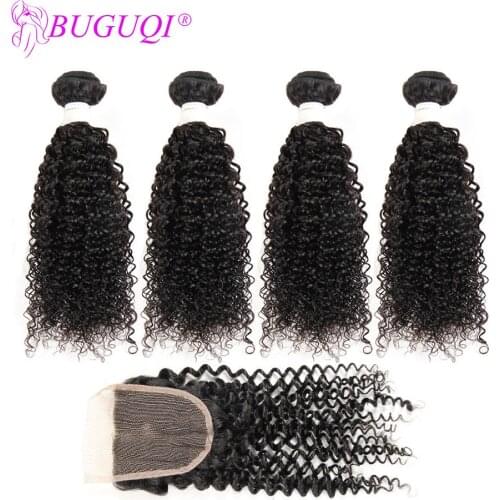 BUGUQI Brazilian Kinky Curly Human Hair Weaving 8 To 28 Inches Hair 4 Bundles Hair Weft With Closure 4X4 Non Remy Hair