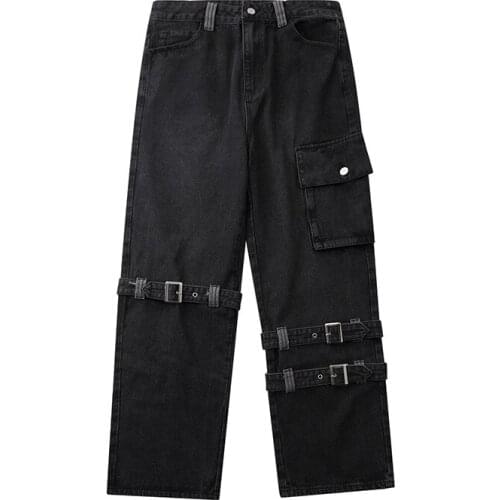 2021 New Casual Bandage Straight Wide Leg Washed Denim Pants Male Vintage Harajuku Streetwear Hip Hop Punk Rock Jeans Trousers