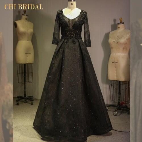 Elegant Round Neck French Evening Dress Long Sleeves Shiny Beads Embellished Evening Dress Comfortable Fabric Real Model Picture