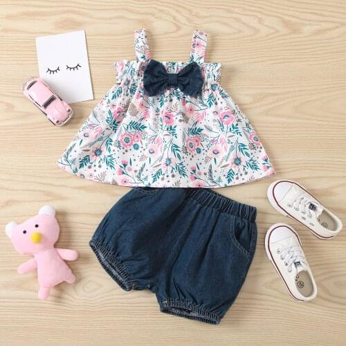 2Pcs Fashionable Little Girls Outfit Children Summer Sweet Style Floral Bow Plant Printing Sleeveless Suspender Top+Shorts Suit