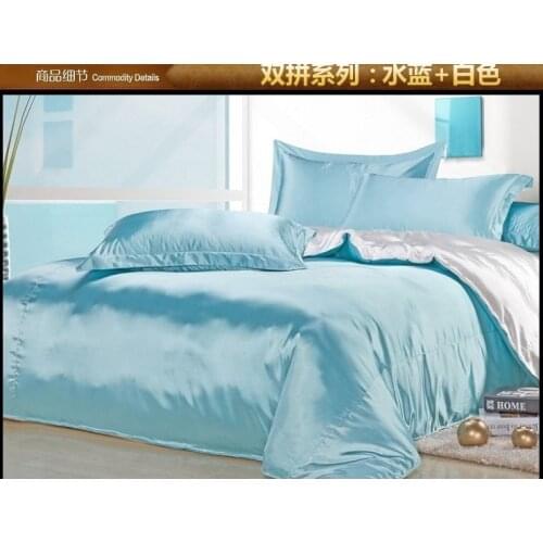 Aqua Blue White Silk Satin Bedding set Super King Queen full size sheets linen bed sheet duvet cover bedspread quilt Luxury 4PCS