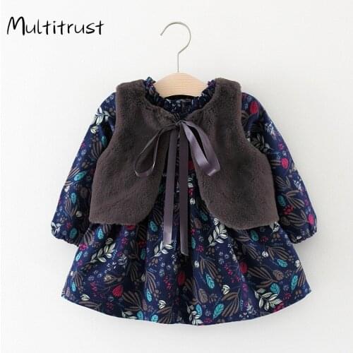 2PCS Kids Suit Set Floral Print Round Neck Long Sleeve Dress+ Solid Color Waistcoat Navy/Wine Red 2020 Autumn Winter
