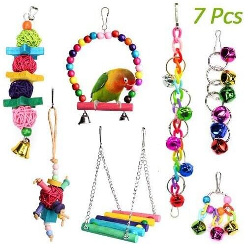 LHXMAS 7-Piece Set Pet Product Wooden Toy Bird Supply Parrot Bite Bells Chain Hanging Ring Small Balls